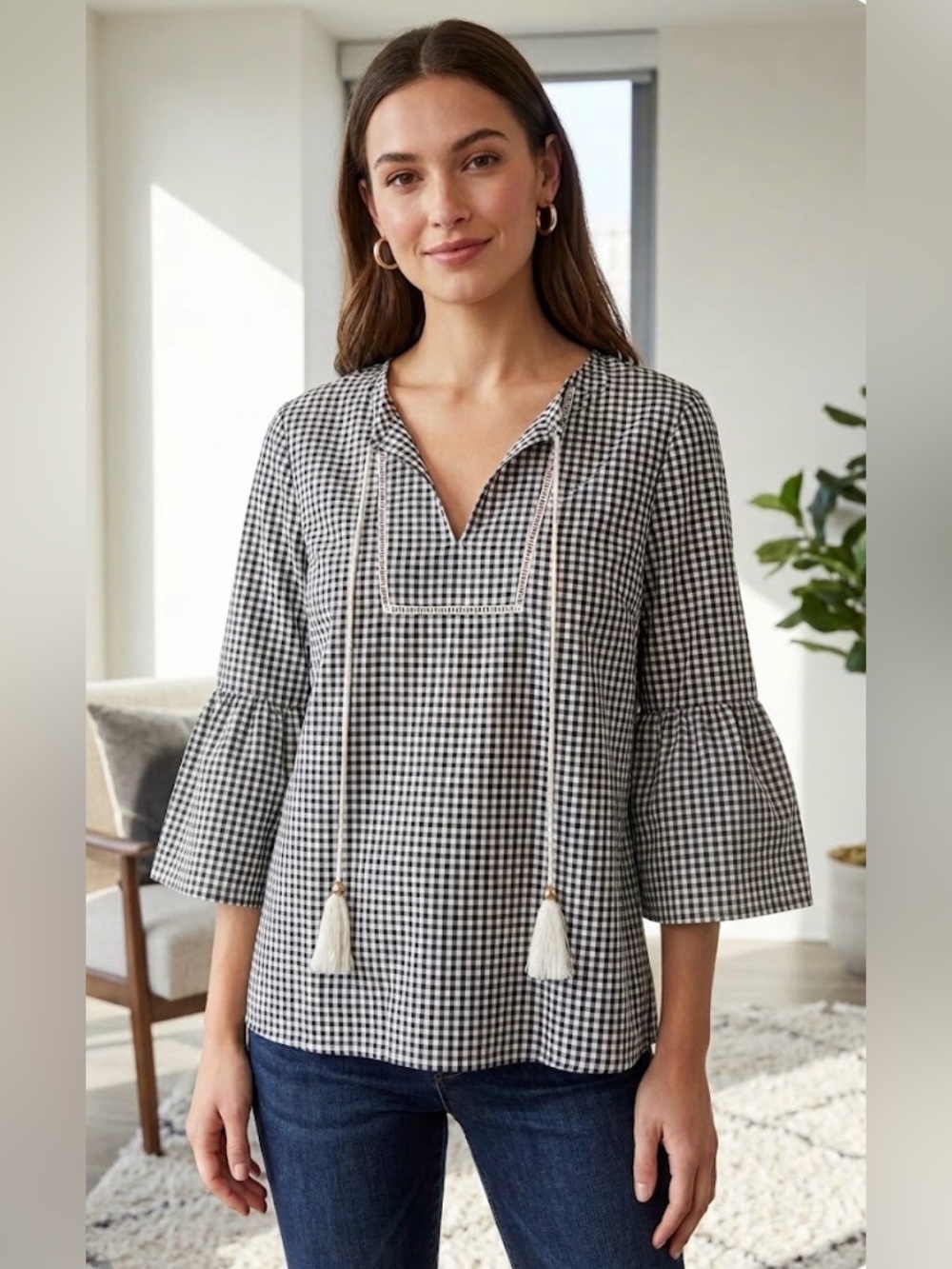 Marc New York Black & White Gingham Tassel Tie Bell Sleeve Blouse -sz small